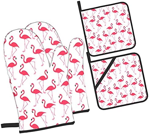 Pembe Flamingo desen fırın eldiveni ve Pot sahipleri Setfor, ısıya dayanıklı su geçirmez kaymaz mutfak eldiven