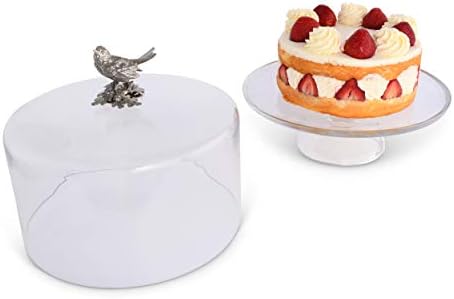 Vagabond Evi Handblown Cam Kek Tatlı Cupcake Standı ile Cam Kubbe Kapak ile Katı Kalaylı Şarkı Kuş Topuzu El Işi 13 inç Çapı