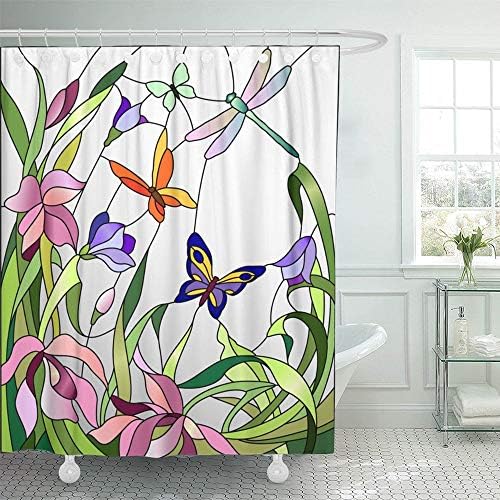 Sonernt Perde Renkli Mozaik Vitray Pencere ile Çiçekler ve Kelebekler Çiçek Parlak Duş Perdesi Banyo Dekor, Polyester Dayanıklı