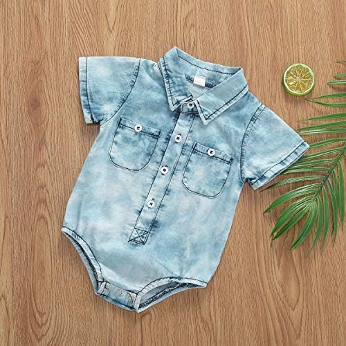 BULİNGNA Yenidoğan Bebek Erkek Bebek Denim Romper Kısa Kollu Düğme-Aşağı Gömlek Beyefendi Kıyafet Yaz Giysileri